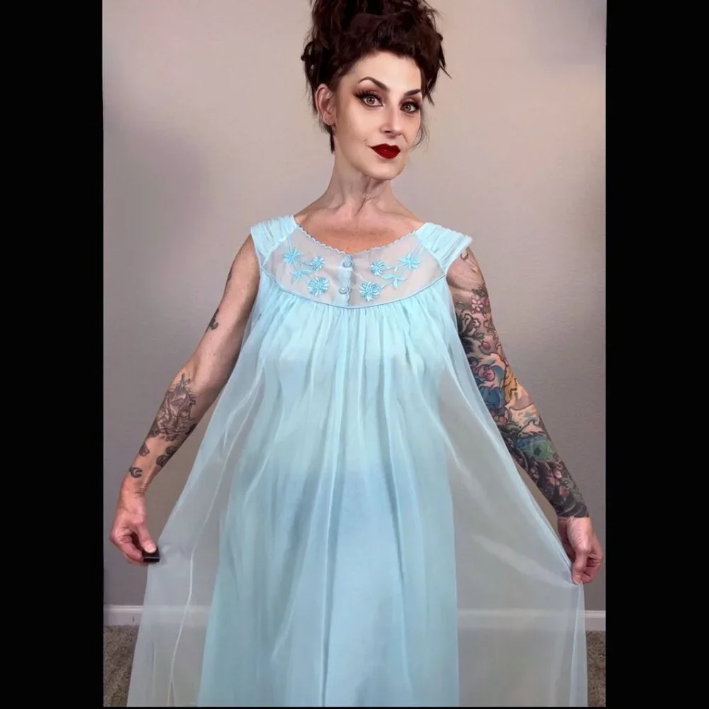 60s Bright Blue Babydoll Double Layer Lingerie Embroidered Floral Mod Pinup M L - Picture 9 of 15